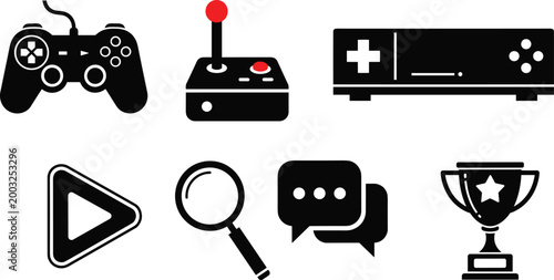 Gaming icons set with controller joystick console play button search chat and trophy symbols for digital entertainment design