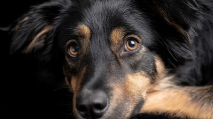 Close-up portrait of a dog's face. the dog appears to be a border collie, with black and tan fur covering its body.