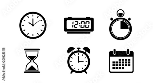 six icons representing different time-keeping devices and a calendar