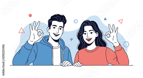 Cheerful young man and woman smiling warmly and giving the ok hand gesture while leaning on a white surface in a casual setting.