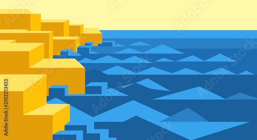 Abstract geometric representation of a shoreline shows yellow blocky cliffs meeting a deep blue sea with stylized waves.