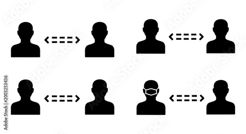 social distancing icon set showing people keeping distance and wearing masks