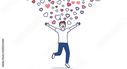 Extremely happy young man jumping for joy as a multitude of small red, pink and white hearts fall around him like confetti.