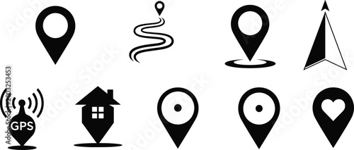 Location map icons set with gps pin navigation route compass home and destination markers for travel and navigation design