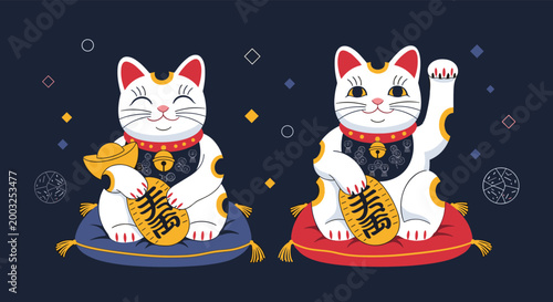 Two traditional white japanese lucky cat figurines known as maneki neko sitting on colorful pillows with gold coins and ingots.