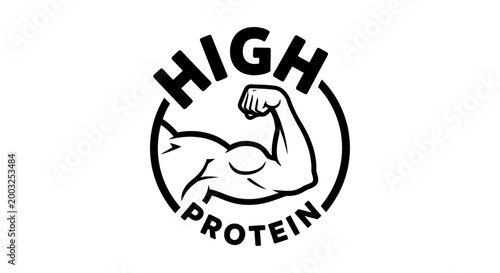 strong muscular arm flexing with high protein text logo