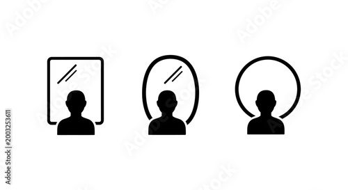 three icons of people reflected in different shaped mirrors - square oval and circle