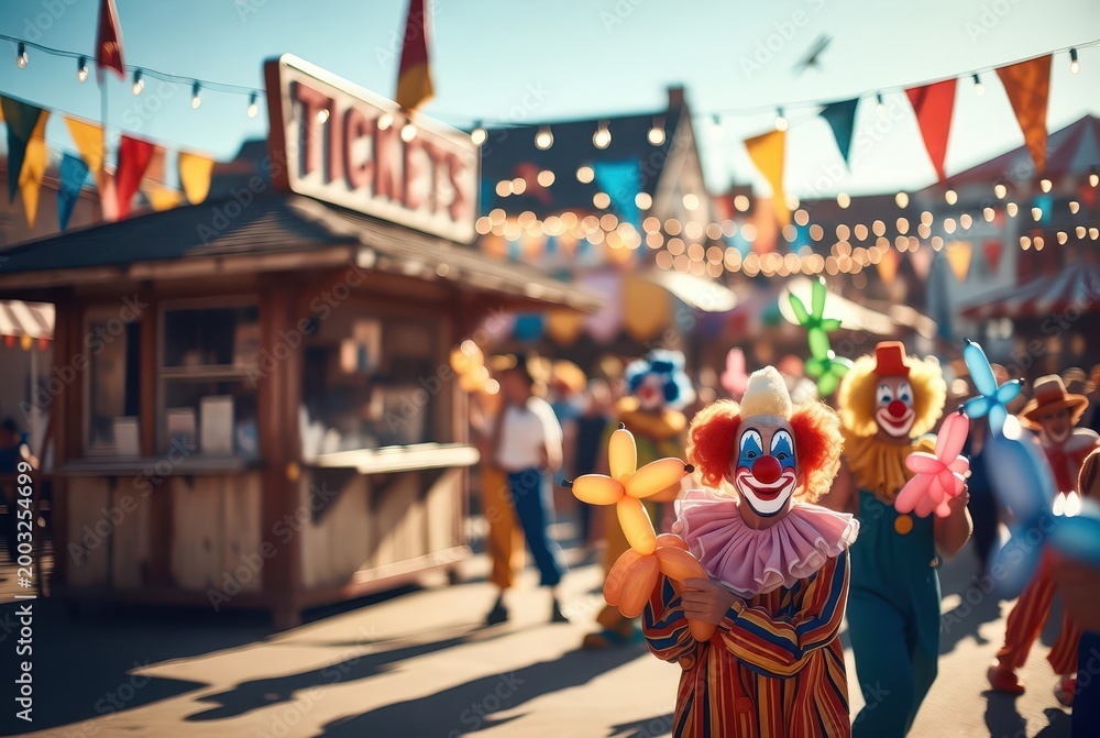 Obraz premium Cheerful clowns with balloon animals at a vibrant outdoor carnival, festive atmosphere