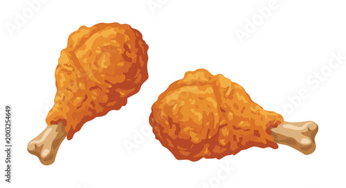 Two pieces of perfectly cooked crispy fried chicken drumsticks shown on a white background looking appetizing for food marketing material.