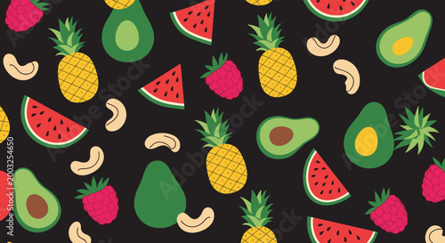 Seamless pattern featuring a fun mix of pineapples avocados watermelon and raspberries on a dark background for summer textile design.