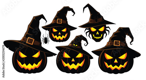 Spooky group of carved halloween pumpkins and skulls wearing witch hats and featuring glowing eyes for a festive and scary holiday theme.