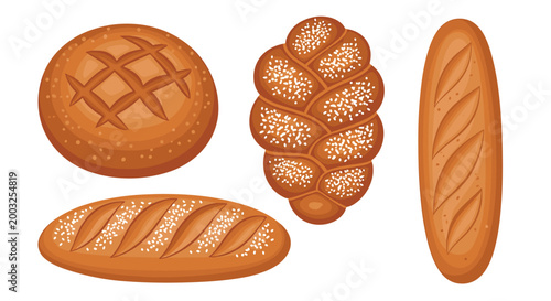 Selection of four freshly baked artisan bread types including round loaf braided loaf and long baguettes on white.
