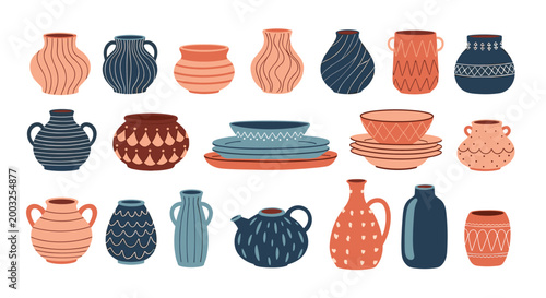 Variety of handmade ceramic pottery including vases bowls plates and jugs with ethnic patterns and colors.