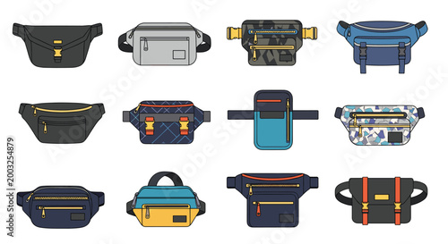 Large collection of twelve diverse waist bags and fanny packs in various colors and trendy designs on white.