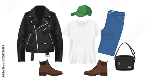 Men fashion outfit collection including black leather jacket white t-shirt blue jeans brown boots and accessories.