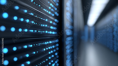 Close-up view of illuminated blue LED lights on server racks in a data center corridor, showcasing technology and modern infrastructure in a digital environment