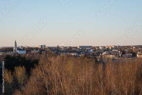 A view from the window of a grove, a river, and a city on the opposite bank. Early spring.