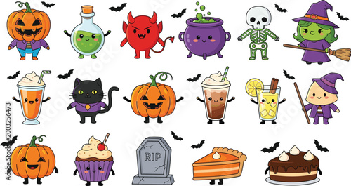 Tableau sur toile Cute Kawaii Halloween Characters Sticker Set with Pumpkin, Witch, Skeleton, Blac