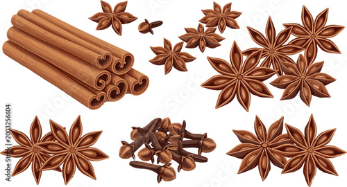 Cinnamon Sticks, Star Anise, and Cloves Spice Set for Culinary and Flavor Illustrations
