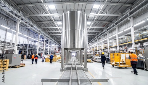 Modern Industrial Factory Interior with Large Metal Structure and Workers.