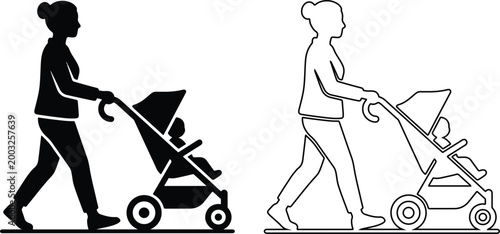 Tableau sur toile Vector icon set of a mother walking and pushing a newborn baby in a stroller, pram or pushchair buggy in solid black silhouette and line outline styles isolated on white