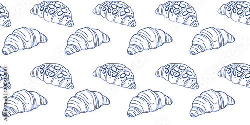 Minimalist seamless pattern with various shapes of french croissants. Blue line art vector background for bakery menu, cafe branding, kitchen textile, pastry packaging.
