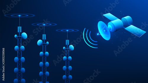 Technology background communication tower receiving signals from satellites in space and distributing them across wide areas, representing signal transmission, wireless communication,telecommunication