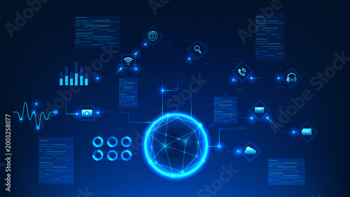 Technology background spherical AI assistant connected to multiple icons, representing agentic AI systems, intelligent automation, task execution, digital assistance, artificial intelligence services.
