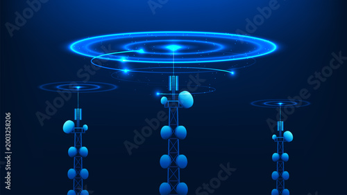 Technology background signal transmission tower broadcasting signals across a wide area, representing wireless communication, network coverage, signal distribution, connectivity, telecommunication