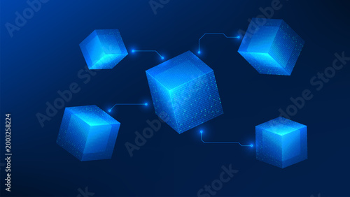 Technology background multiple cubic structures representing AI brains surrounded by code elements, agentic AI, intelligent automation, multi-agent systems, coordinated decision making