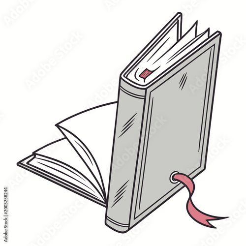 A detailed illustration of an open book standing upright, with its pages gently fanned out, displaying a red ribbon bookmark, suggesting knowledge, learning, and stories.