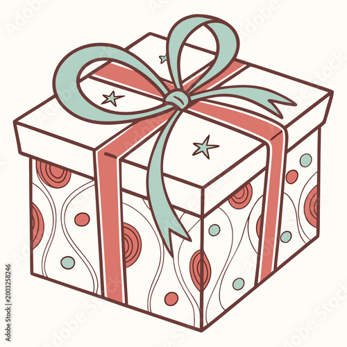 A beautifully wrapped gift box adorned with a festive bow and ribbon, featuring a patterned design with stars and circular motifs, signifying celebration and presents.