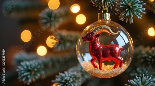 Luxury Goat Christmas Ball with Golden Glitter and Bokeh Lights
