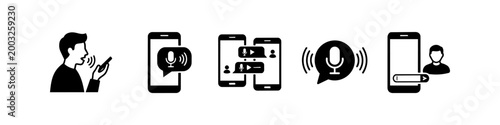 Set of vector icons for voice messaging and speech recognition on smartphones. Icons include audio recording, sending voice notes, and virtual assistants in a clean black and white style.