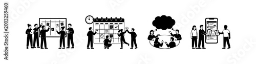 Hand-drawn vector illustrations showing business teamwork: Kanban board planning, calendar scheduling, brainstorming session, and mobile app interaction. Black and white minimalist style.