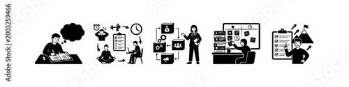 Productivity and time management icon set illustrating planning, workflow, project management, business strategy, and goal achievement in a minimalist black and white style.