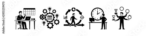 Set of business productivity and time management concept icons in a clean black and white vector style. Features planning, brainstorming, workflow cycles, deadlines, and multitasking.