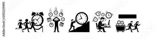 A set of minimalist black and white icons representing time management, workplace stress, and the struggle to meet deadlines in a professional environment.