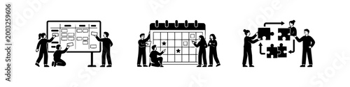 Black and white vector illustrations of people collaborating on project boards, calendars, and puzzles, representing agile workflow, business strategy, and team productivity.