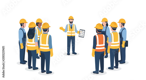 Flat vector of a safety talk in a factory, workers in protective equipment, simple style, white background.
