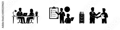 Professional silhouettes depicting business recruitment stages: job interviews, training sessions with checklists, and final hiring agreements with handshakes in a minimal office setting.