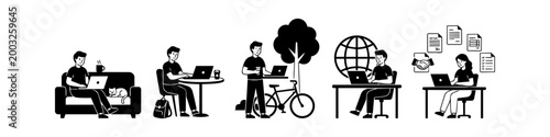 Minimalist black and white illustration set depicting various remote work and digital nomad scenarios, from home and cafes to outdoor locations and global connectivity.