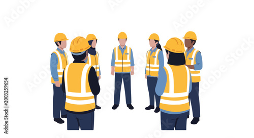 Flat design illustration of safety briefing meeting, workers standing in circle wearing PPE, clean composition, minimal details, soft color palette, white background, corporate K3 style