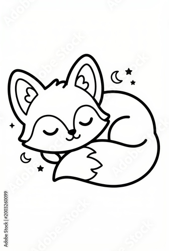 Cute sleeping fox illustration with stars and crescent moons  