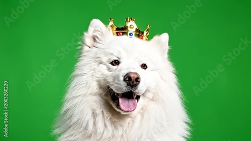 Happy white Samoyed dog wearing a golden crown, looking like a king, on a green background.