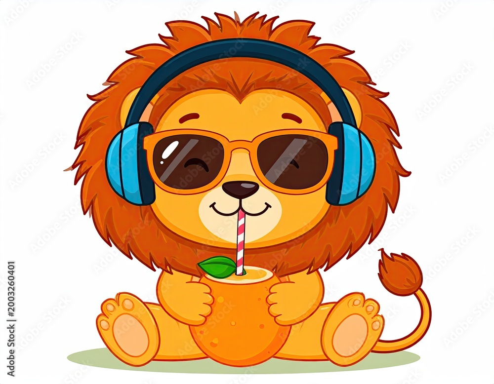 Naklejka premium A lion wearing headphones and sunglasses drinks from a colorful beverage while sitting outdoors.