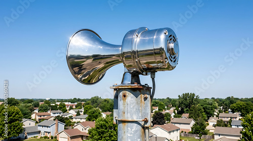 Vintage Tornado Siren Warning Device Mounted Outdoors Against a Clear Blue Sky and Suburban Landscape