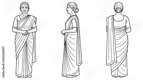 Line art character sheet of elderly indian woman in traditional saree for coloring page.
