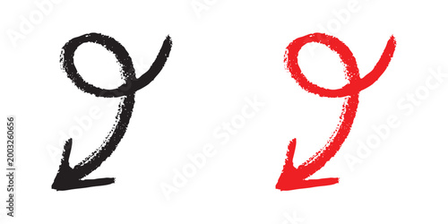 Two hand drawn arrows black and red pointing downward with a swirl