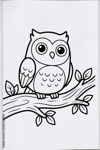 Cartoon owl perched on branch with leaves for coloring  